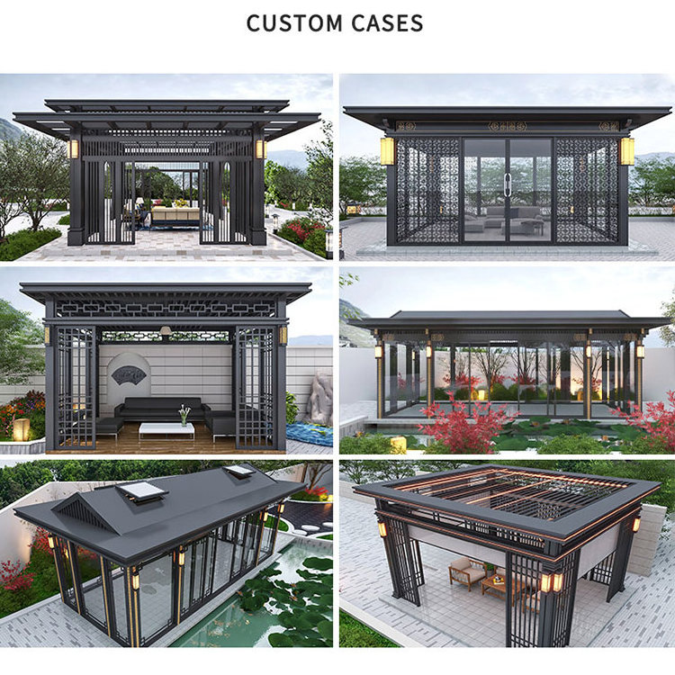 New Chinese Style Outdoor Garden Patio BBQ Gazebo Aluminum Alloy Pavilion With Mosquitoes Net And Shelves