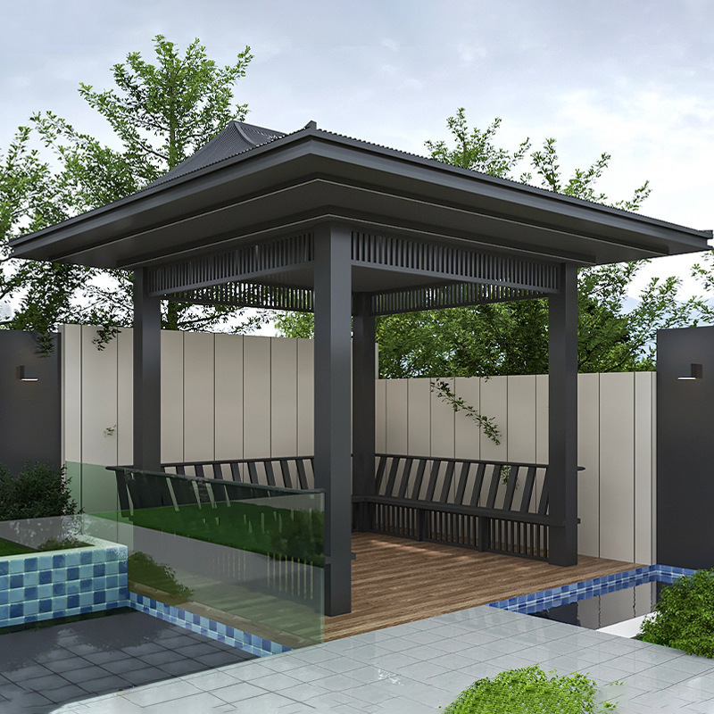 New Chinese Style Outdoor Garden Patio BBQ Gazebo Aluminum Alloy Pavilion With Mosquitoes Net And Shelves