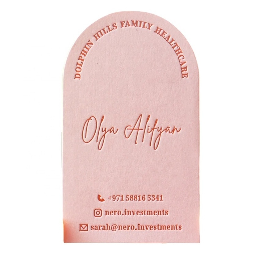 Customized Design Foil Stamped letterpress pink paper Dome cut Business Cards