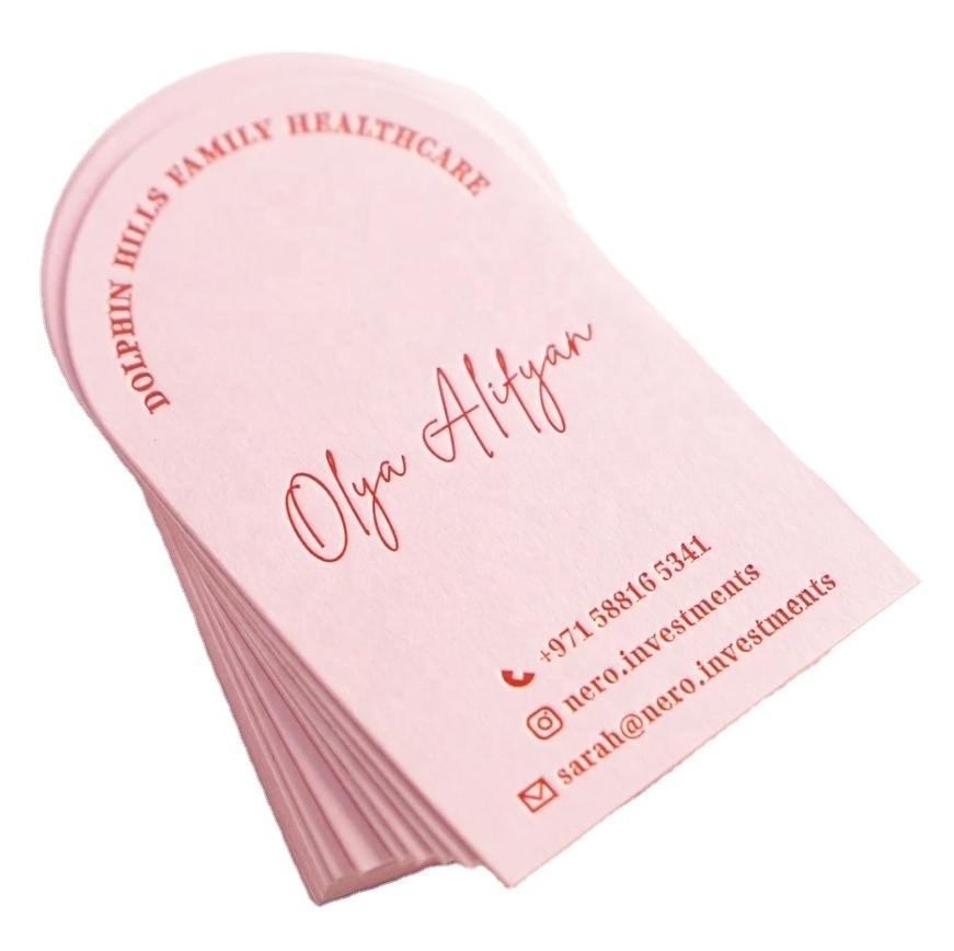 Customized Design Foil Stamped letterpress pink paper Dome cut Business Cards