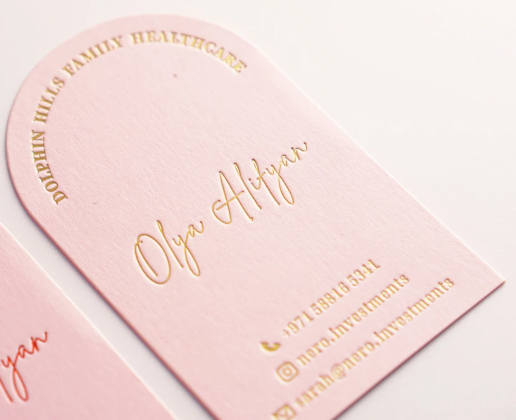 Customized Design Foil Stamped letterpress pink paper Dome cut Business Cards