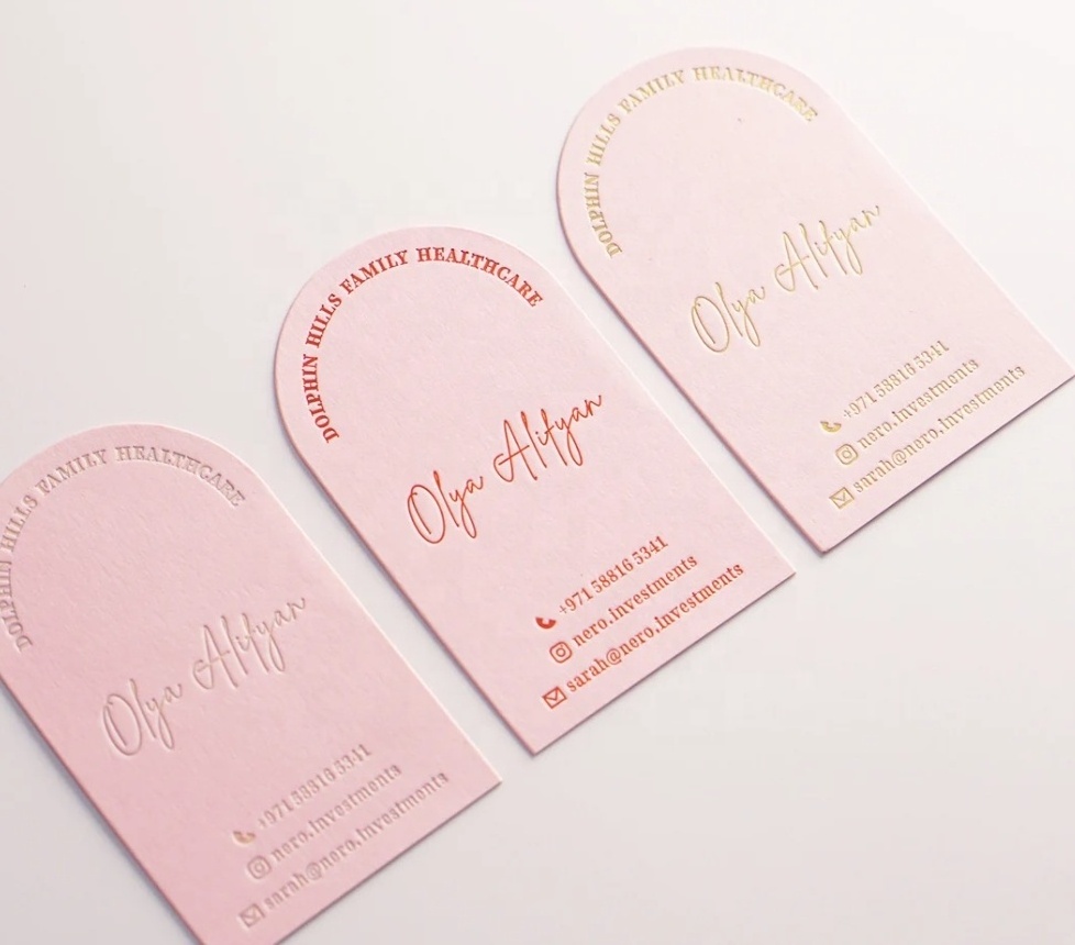 Customized Design Foil Stamped letterpress pink paper Dome cut Business Cards