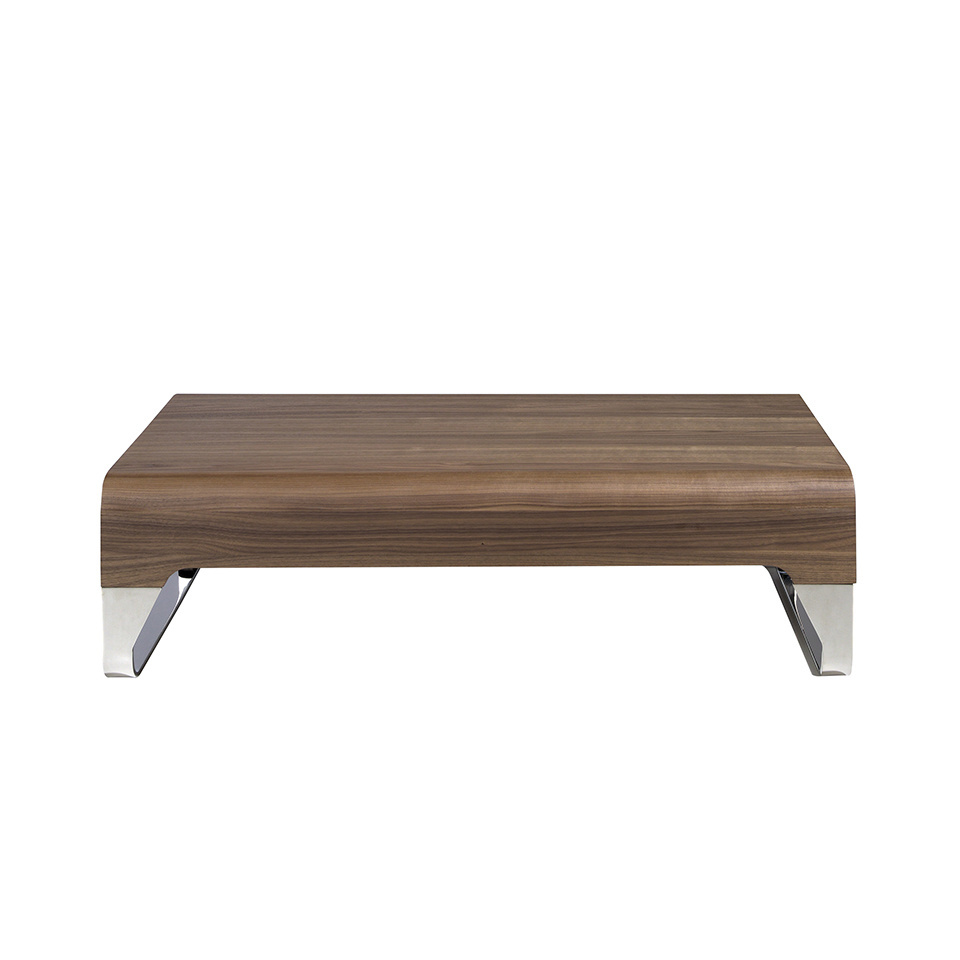 Coffee table in walnut-veneered wood with two side drawers with mirror-finished glass top. Chromed stainless steel legs.