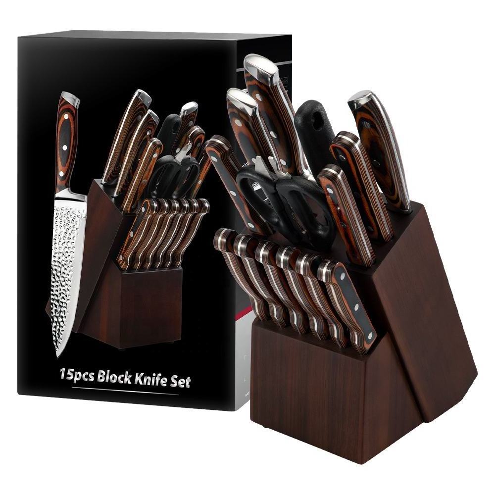 Wholesale Hot Sell Professional Chef Knife Set 15PCS Stainless Steel Kitchen Knife Sets With Acacia Wooden Block