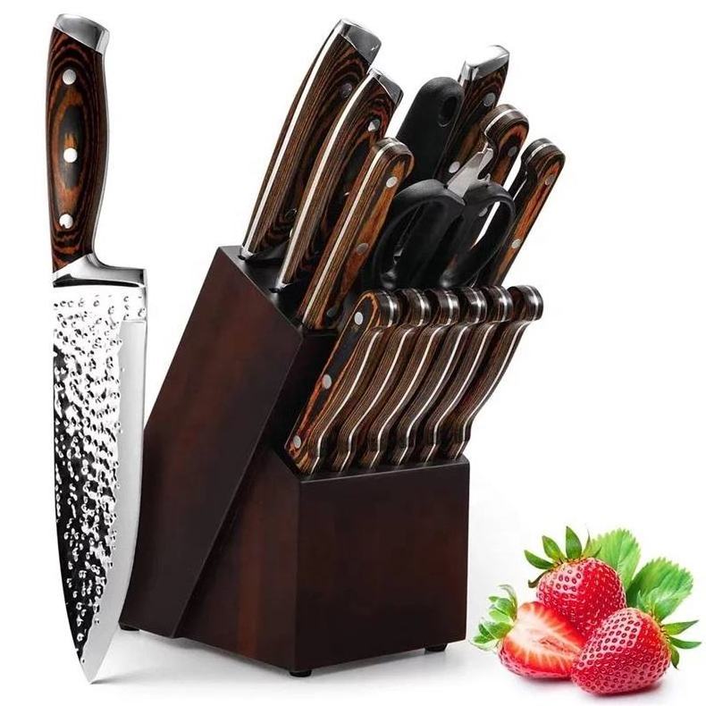 Wholesale Hot Sell Professional Chef Knife Set 15PCS Stainless Steel Kitchen Knife Sets With Acacia Wooden Block