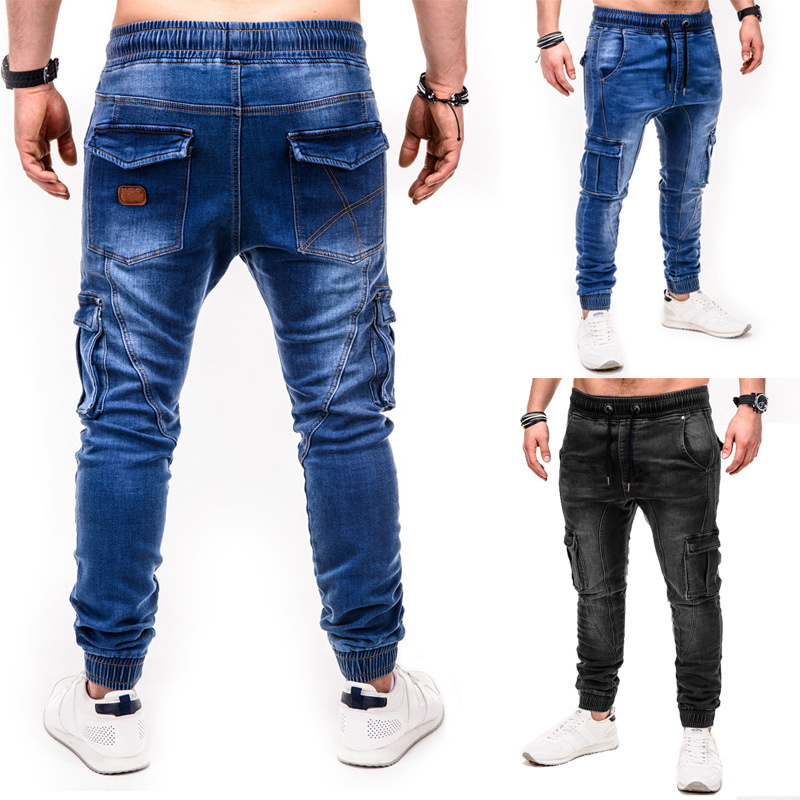 Wholesale Stacked Plus Size Blue Washed Retro Pleats Drawstring Skinny Fit Denim Jean Men Jeans