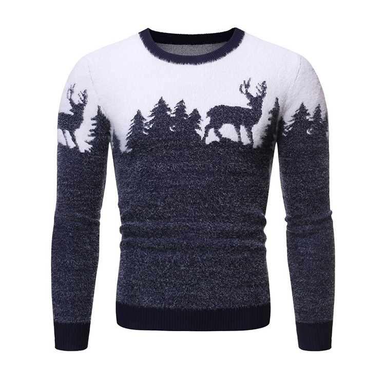 Wholesale Winter Warm Crew Neck Knitwear Jacquard Wool Cotton Knit Slim Fit Ugly Christmas Pullover Sweater