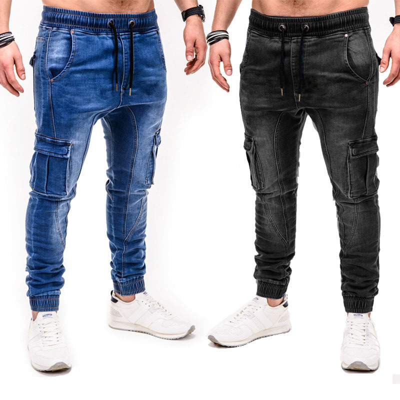 Wholesale Stacked Plus Size Blue Washed Retro Pleats Drawstring Skinny Fit Denim Jean Men Jeans