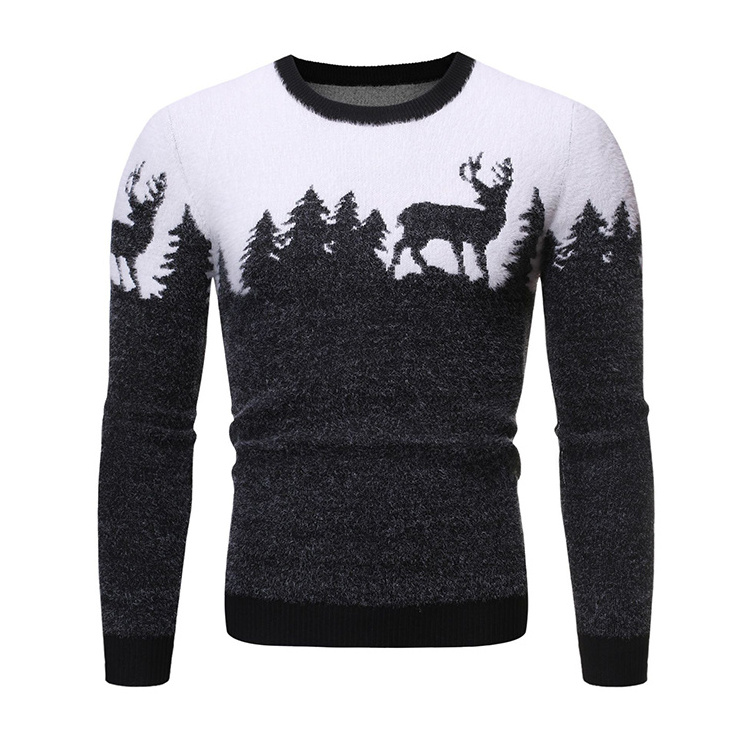 Wholesale Winter Warm Crew Neck Knitwear Jacquard Wool Cotton Knit Slim Fit Ugly Christmas Pullover Sweater