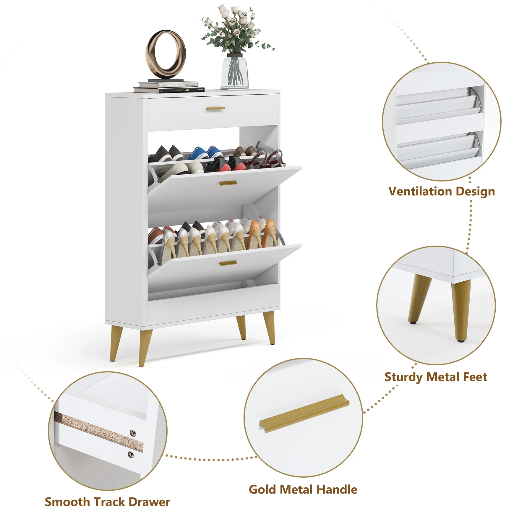 Modern White Wood Shoe Cabinet Narrow Shoe Storage Rack with Drawers Shoes chest of drawer for Entry Hallway