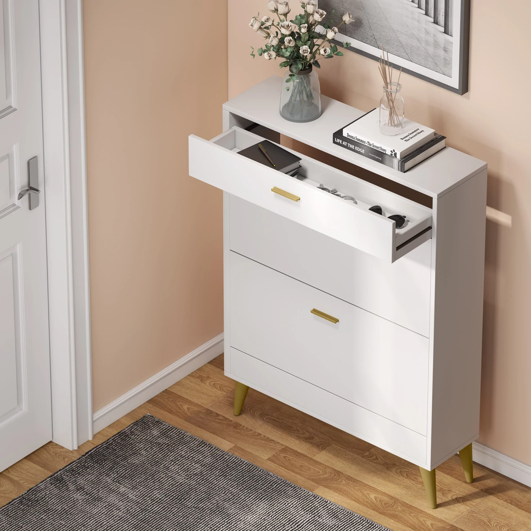 Modern White Wood Shoe Cabinet Narrow Shoe Storage Rack with Drawers Shoes chest of drawer for Entry Hallway