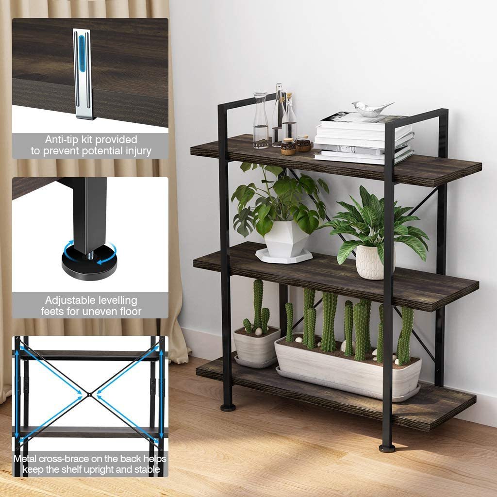 Modern wood an metal Bookshelf 3 Tier Open Storage Shelves Wood Metal Bookcase for Living Room