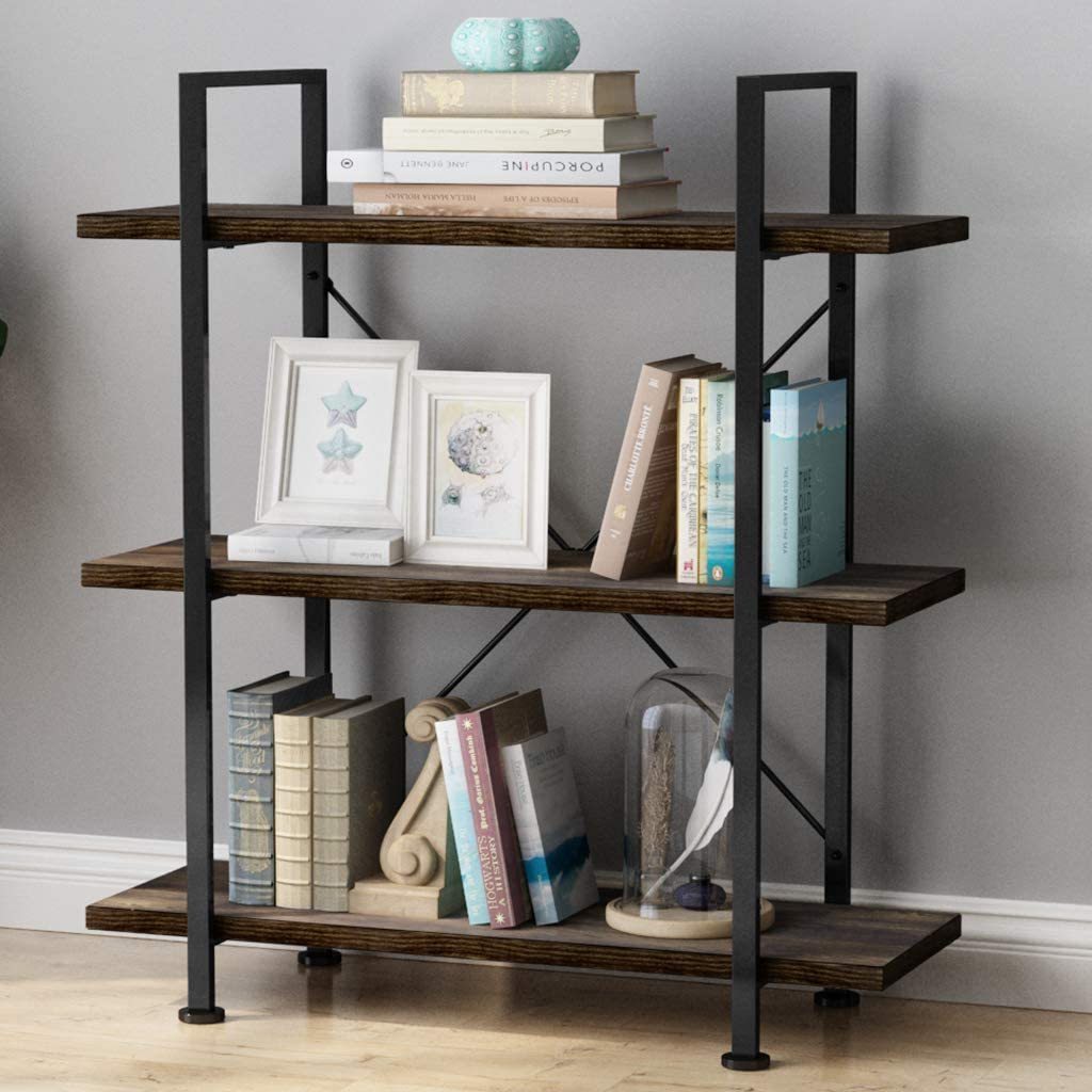 Modern wood an metal Bookshelf 3 Tier Open Storage Shelves Wood Metal Bookcase for Living Room