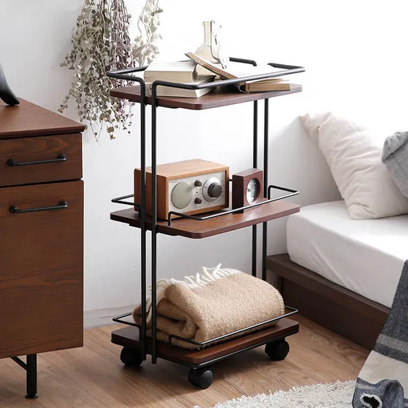 Modern Minimalist Kitchen Carts Storage Shelf 3-Tier Bar Cart with Wheel in Industrial Black