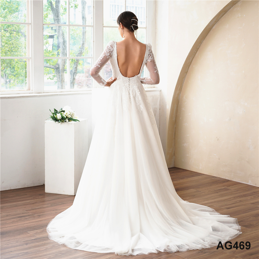 2023 Elegant Gorgeous Open Back Square Neck Long Sleeve Wedding Dress Tulle Lace Embroidery Boutique Weeding Gown Dress