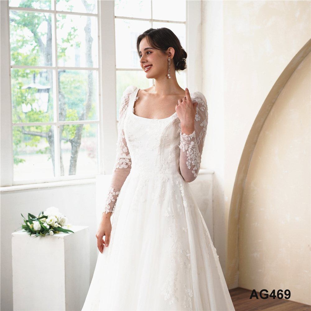 2023 Elegant Gorgeous Open Back Square Neck Long Sleeve Wedding Dress Tulle Lace Embroidery Boutique Weeding Gown Dress