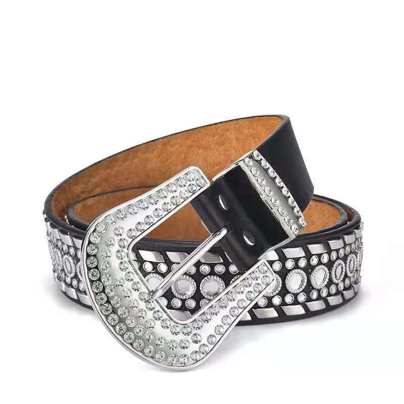 Good Quality Luxury Pu Leather Rivet Diamond Buckle Rhinestone Belts Men Women Western BB Simon Rhinestone Belt