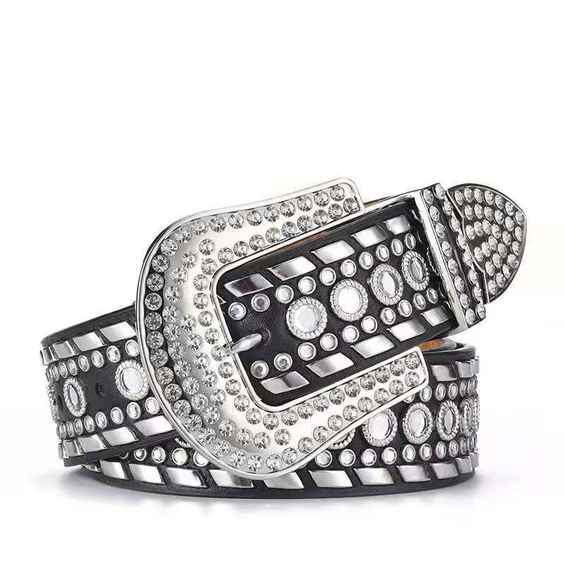 Good Quality Luxury Pu Leather Rivet Diamond Buckle Rhinestone Belts Men Women Western BB Simon Rhinestone Belt