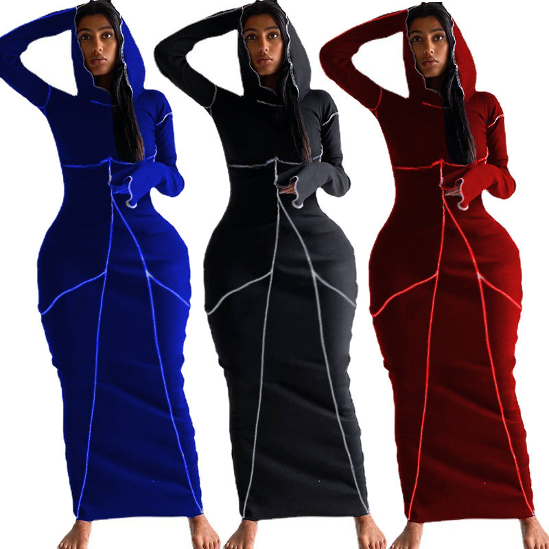 Long Maxi Sheath Dress Women Autumn Winter Fashion Hooded Collar Striped Bodycon Long Sleeve Sweater Dress