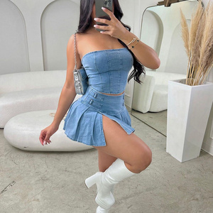 Sexy Summer Outfits Women 2024 Fashion Jean Dress with Skirt 2 Piece Sets Bustier Blue Denim Two Piece Outfit Split Skirt Set