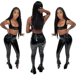 Pu Leather Club Outfits for Women Boutique Clothing 2022 Sexy Crop Top Flare Pants Club Wear Women Bodycon Two Piece Sets