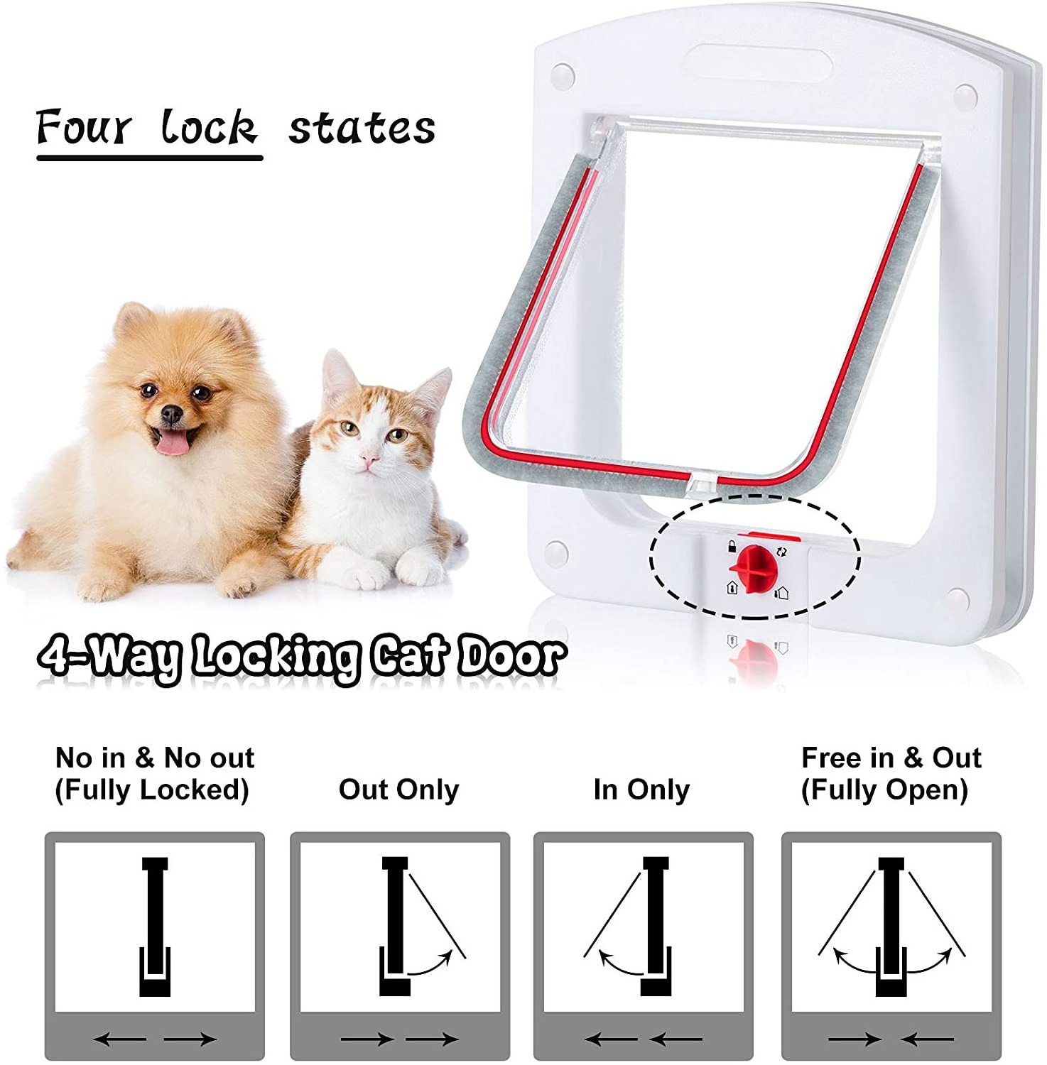 4 Way Locking Pet Door Portable Cat Flap with Mut Brush