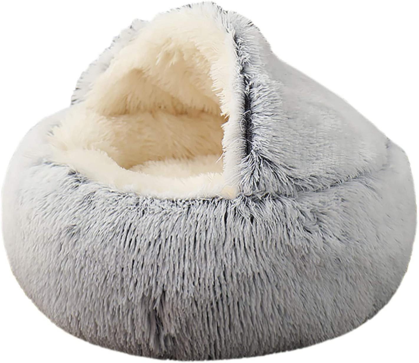 Hooded Faux Fur Cuddler Round Comfortable Self Warming Donut Cat Bed