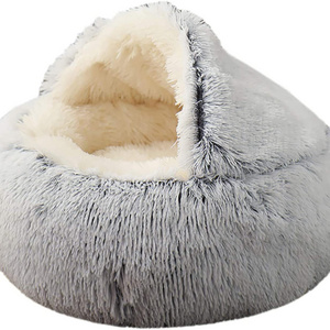 Hooded Faux Fur Cuddler Round Comfortable Self Warming Donut Cat Bed