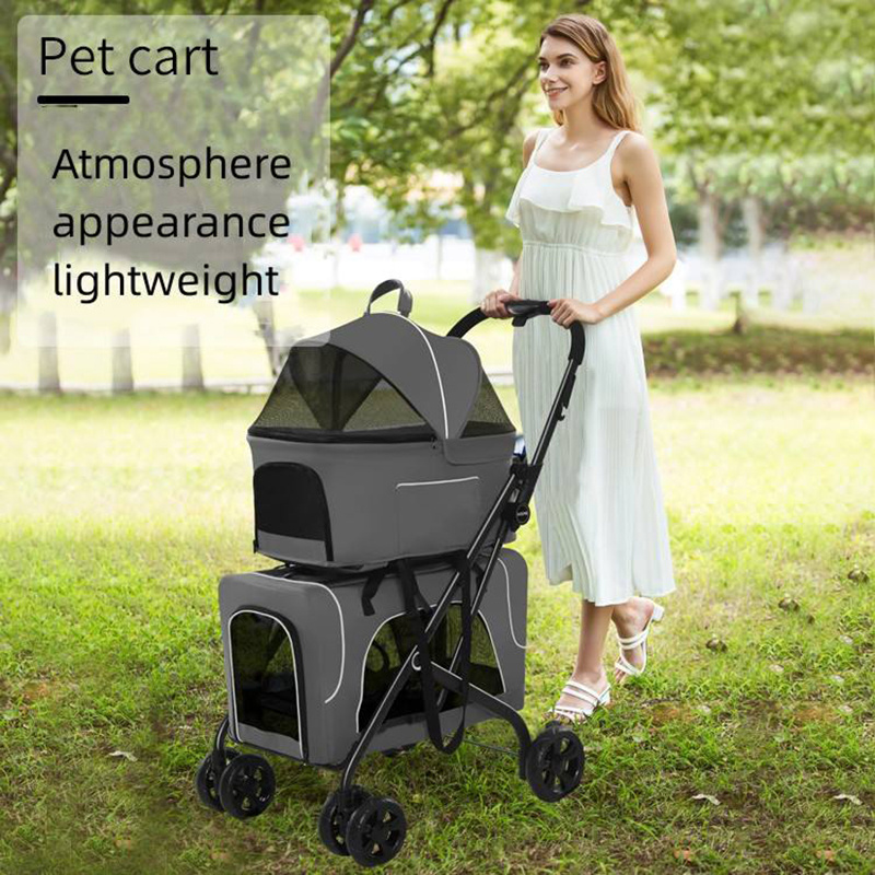 Small 2 dog pugs organizer bag luxury light grey double decker 3 in 1 pet stroller