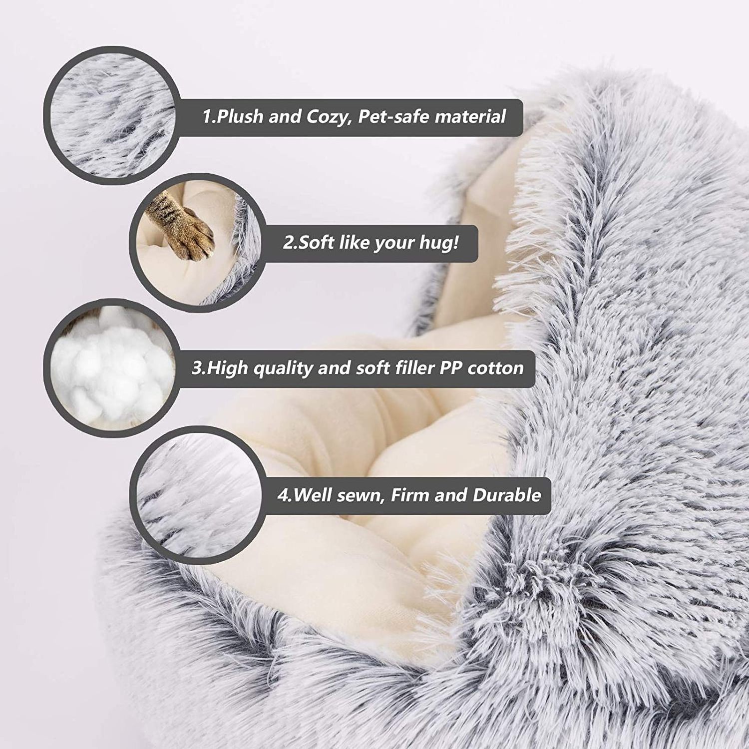 Hooded Faux Fur Cuddler Round Comfortable Self Warming Donut Cat Bed