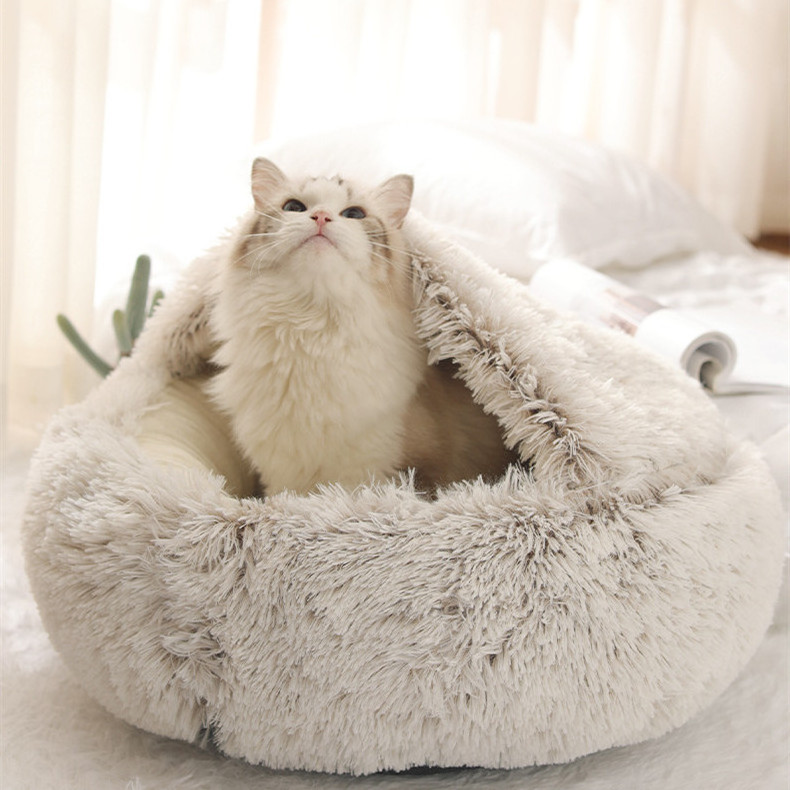 Hooded Faux Fur Cuddler Round Comfortable Self Warming Donut Cat Bed