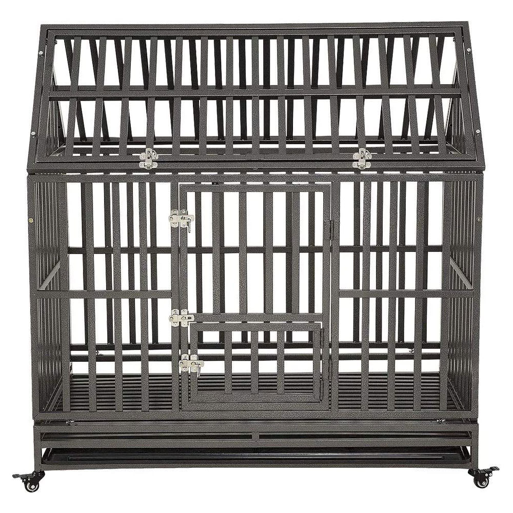 Heavy Duty Dog Cage Easy to Install House Shape Strong Metal Kennel With Wheels