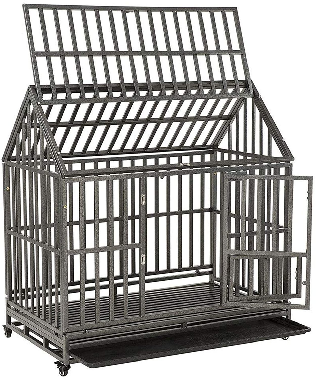 Heavy Duty Dog Cage Easy to Install House Shape Strong Metal Kennel With Wheels