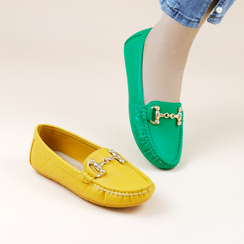 Green Fashion Casual Design Flat metal buckle Women PU Loafers Moccasin Walking Style Ladies formal office shoes flat shoes