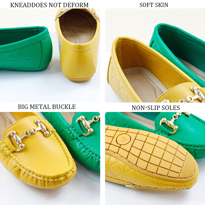 Green Fashion Casual Design Flat metal buckle Women PU Loafers Moccasin Walking Style Ladies formal office shoes flat shoes