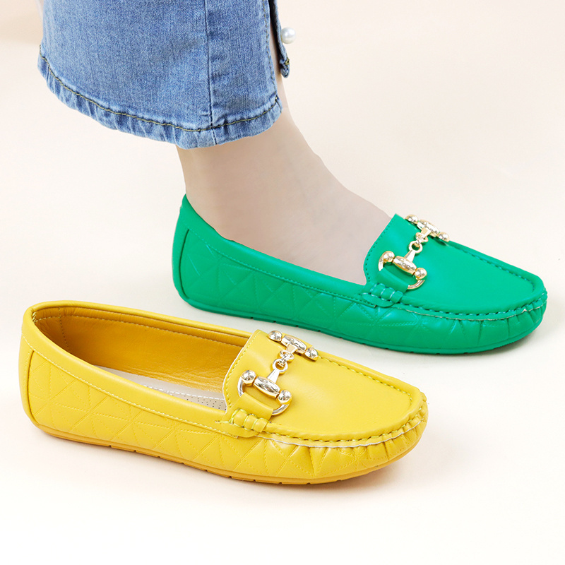 Green Fashion Casual Design Flat metal buckle Women PU Loafers Moccasin Walking Style Ladies formal office shoes flat shoes