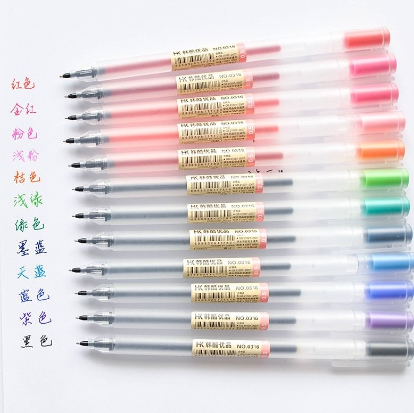 Han ku  HK-0316 12/set 12 colors 0.5mm colored roller ball gel ink writing pen smooth gel ink writing office school pen