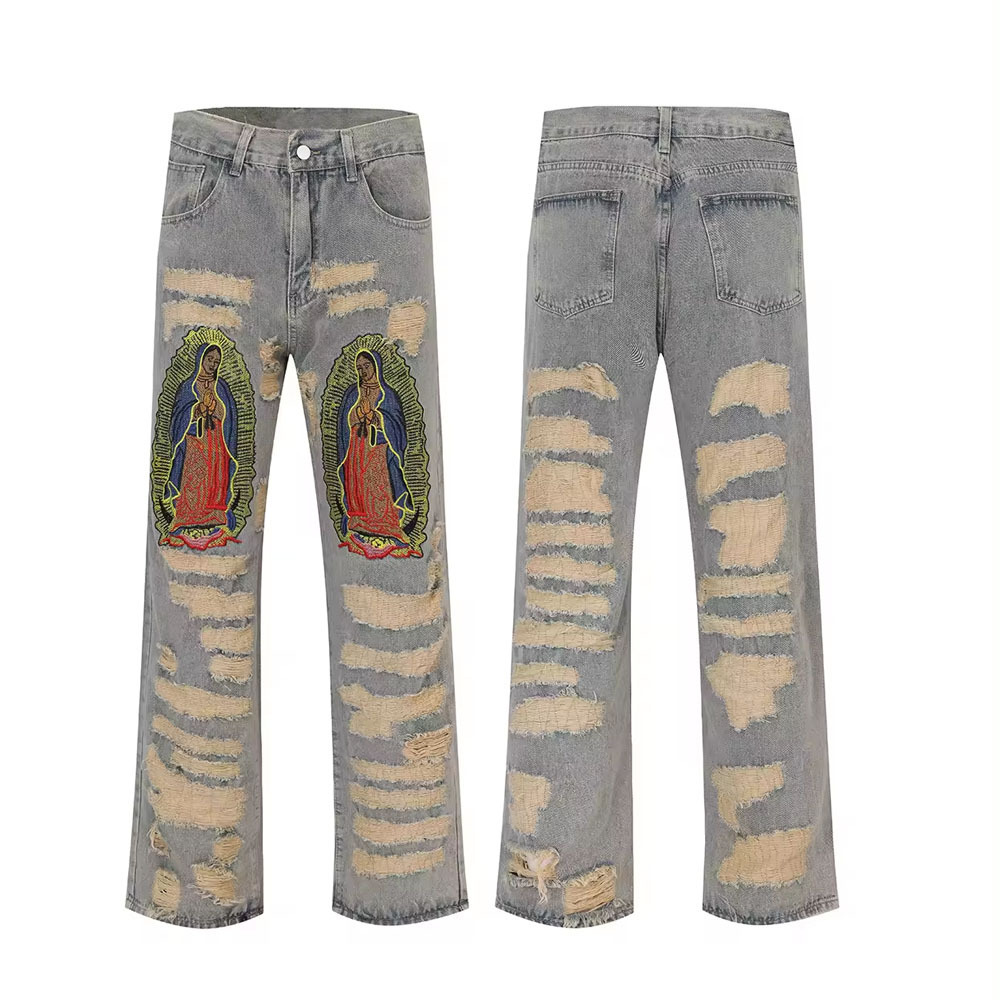 Custom Flared Stacked Pants Distressed Ripped vintage mens flare denim jeans hip hop cargo pants mens blank denim jeans for men