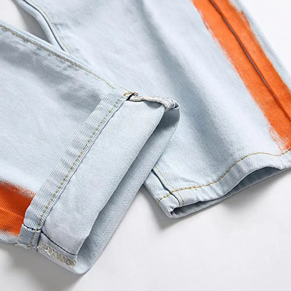 White Best Quality Men Denim Jeans With Orange Side Strip Slim Fit Custom Private Label Denim Pants For Men