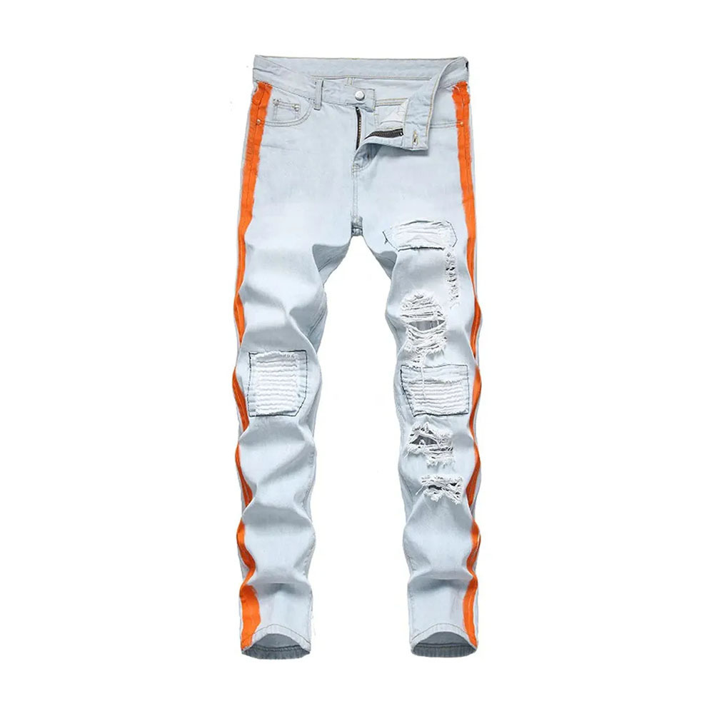 White Best Quality Men Denim Jeans With Orange Side Strip Slim Fit Custom Private Label Denim Pants For Men