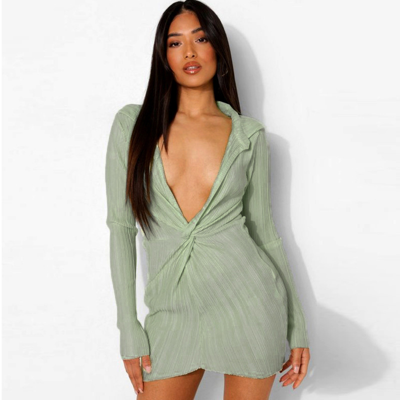 Deep v neck mature women long sleeve casual shirt dress 2021 latex turn down collar pleated dress