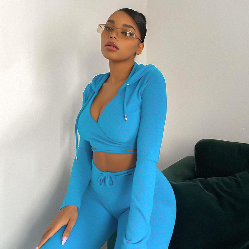 Fashion sexy bandage crop tops two piece pant suit solid color sweat sport suits for women