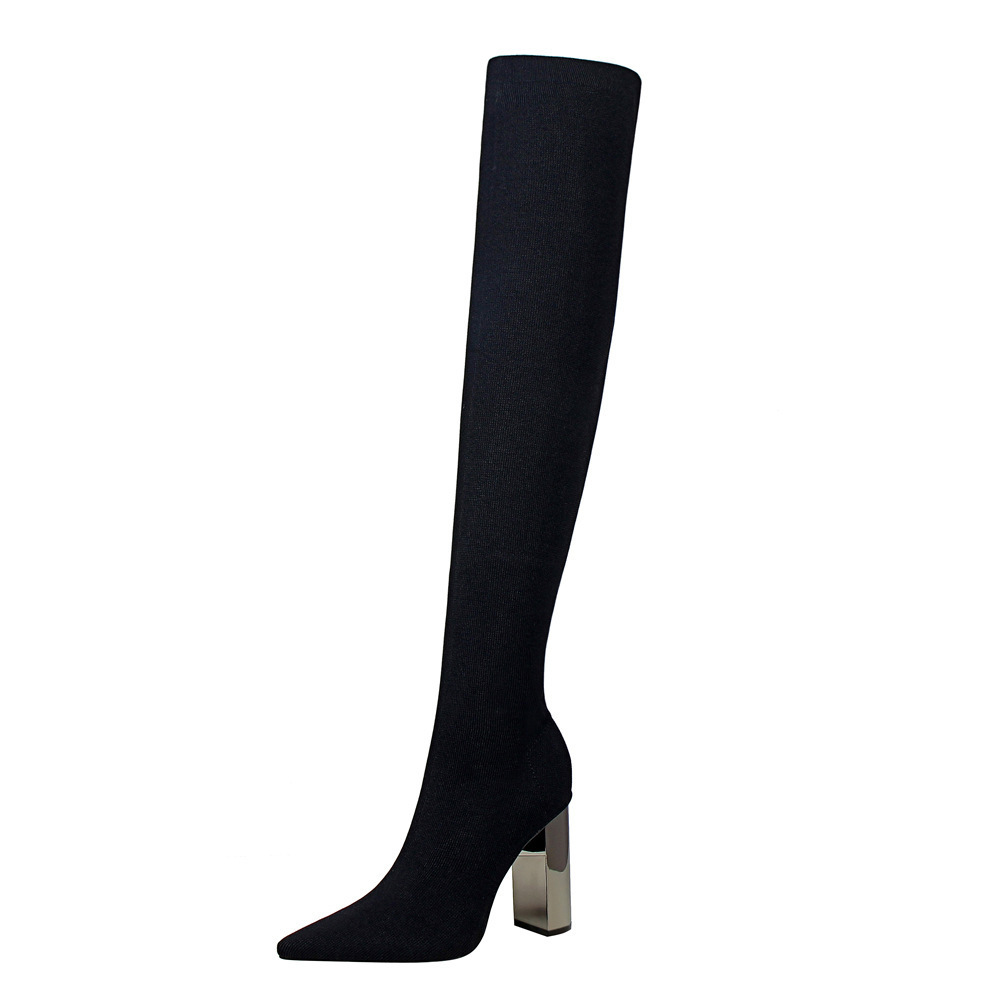 Korean version fashion knee high stretch boots knitted pointed sexy over the knee boots 42 43