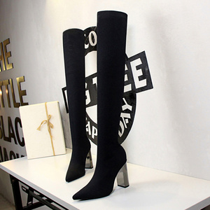 Korean version fashion knee high stretch boots knitted pointed sexy over the knee boots 42 43