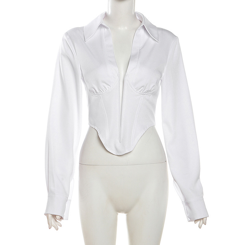 YY1734 solid long sleeve turn-down collar women's white blouses and shirts deep v neck women's corset tops