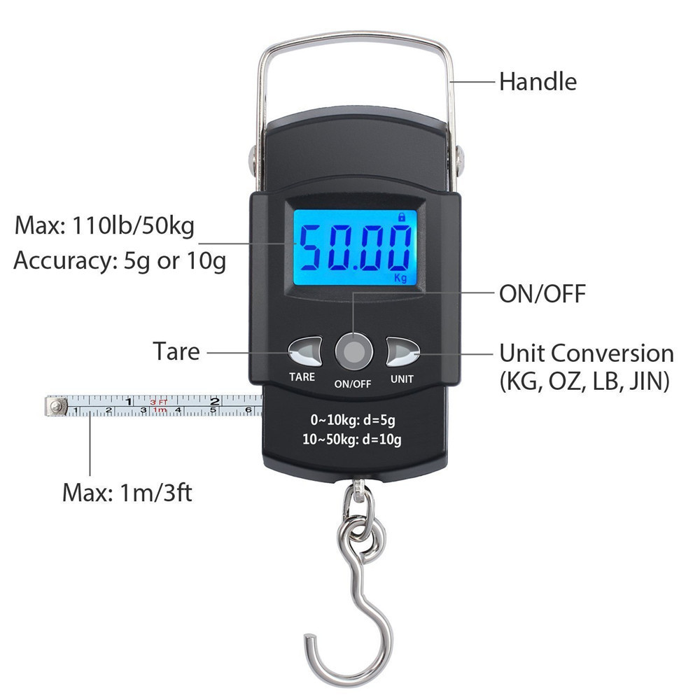 Portable Electronic Scale 50kg Digital Luggage Scale Hook Fish Scale with 100cm Ruler