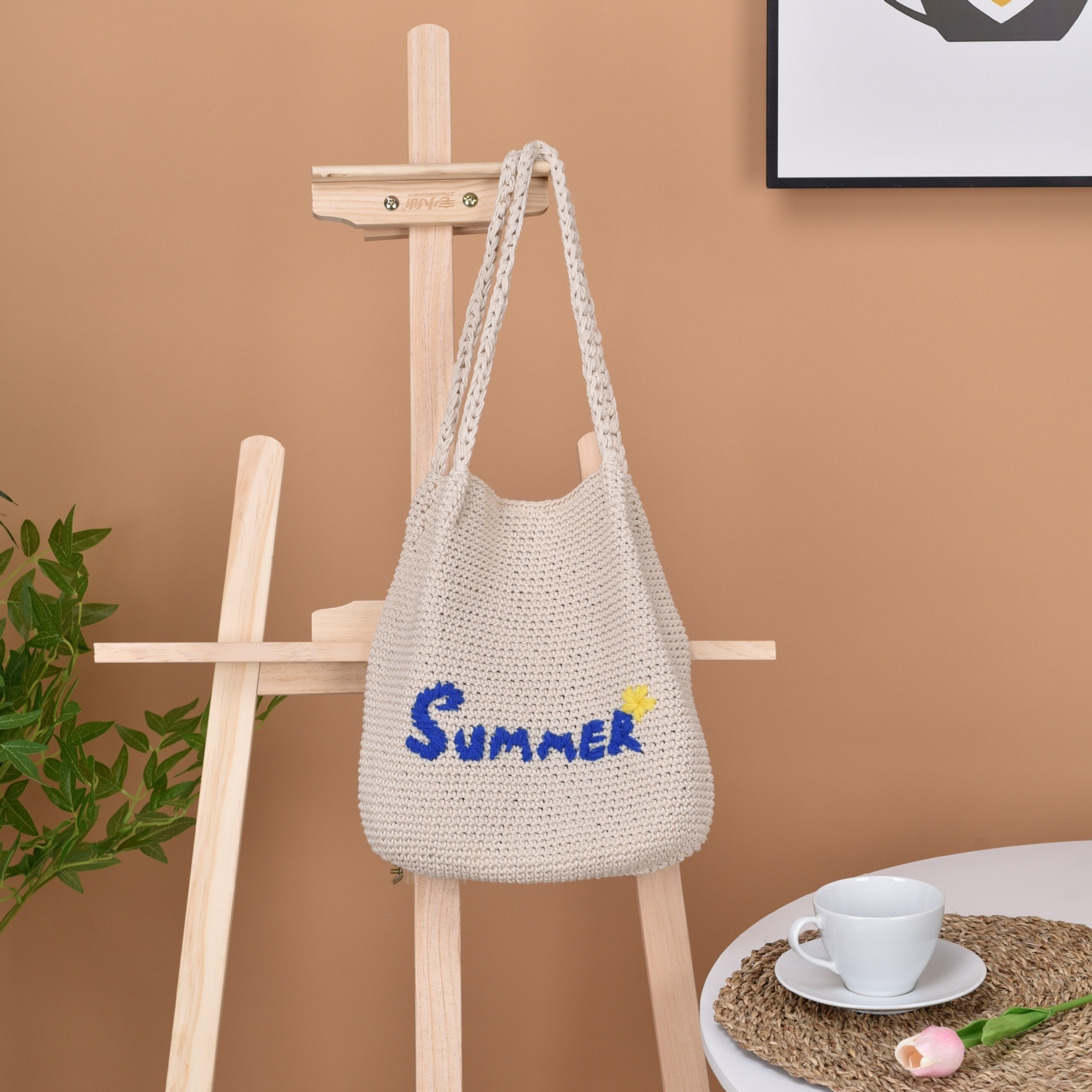 2024 New summer Hand Crocheted Cotton straw Embroidery bag Monogram Knitted Handbags For Women