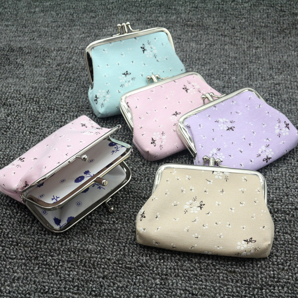 New Double-Layer Mini Flower Cloth Bag Vintage Canvas Coin Purse Buckle Snap Closure Lipstick Bag Kids Floral Print Short Wallet