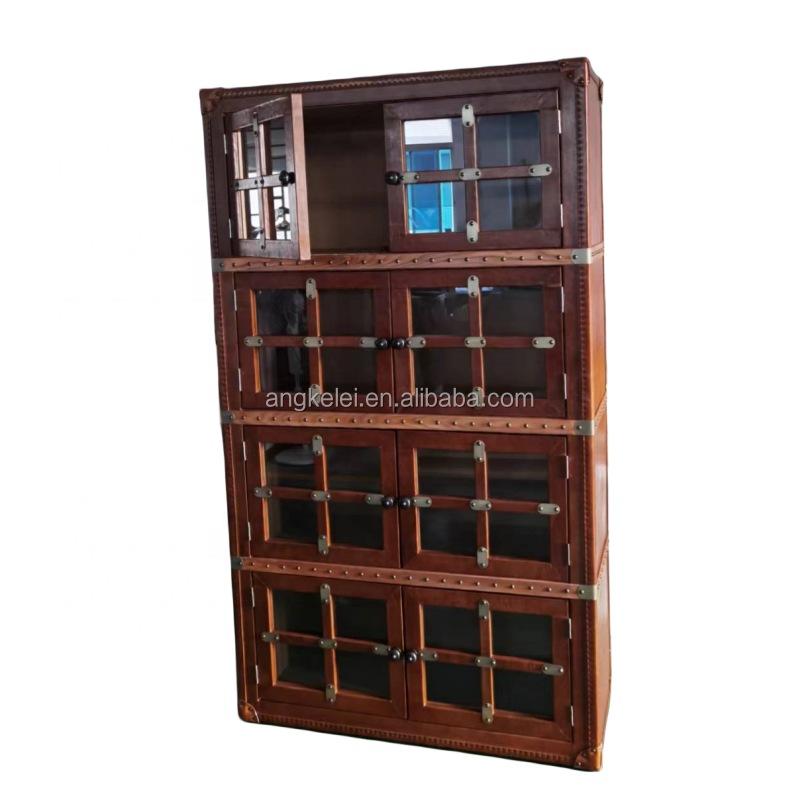 retro vintage genuine leather wood bookshelf bookcase office bookcase wooden home office furniture standing book cabinet antique