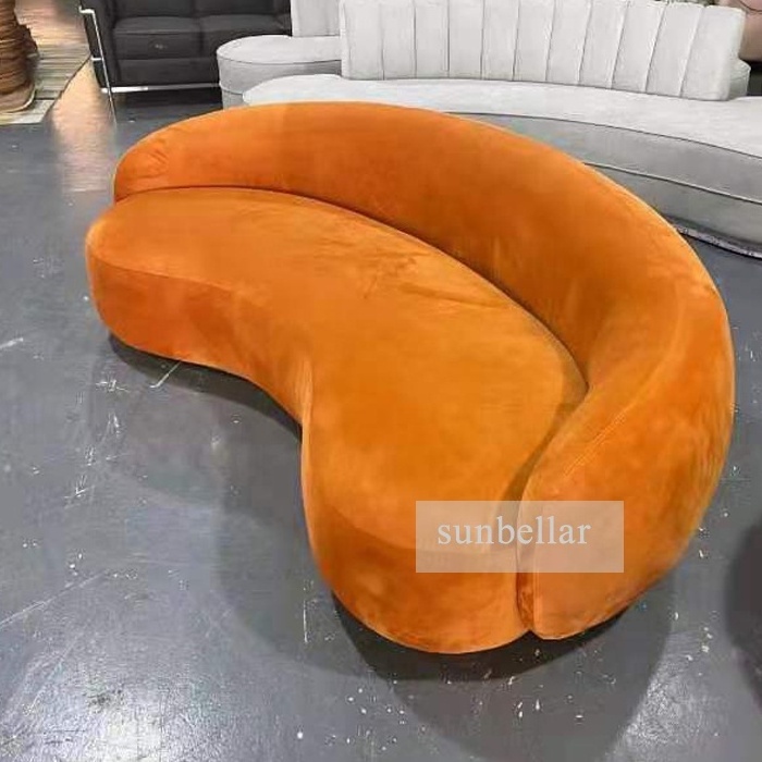 half moon semi circle shaped sofa orange velvet curved sofa with gold stainless steel base living room bedroom sofa